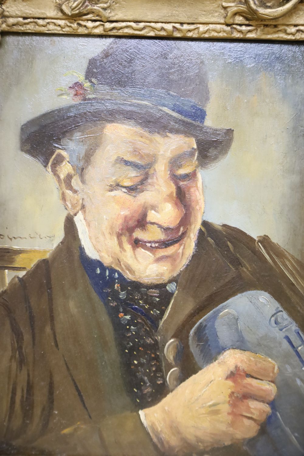 Atelier Absricie, oil on card, Portrait of a beer drinker, signed and inscribed verso, 26 x 20cm